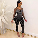 Sexy Diamond Deep V-neck Back Zipper Jumpsuit For Nightclubs NY-8978
