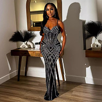 Sexy Rhinestone Embellished Strappy Waist-Cinching Elastic Bodycon Long Dress NY-3188