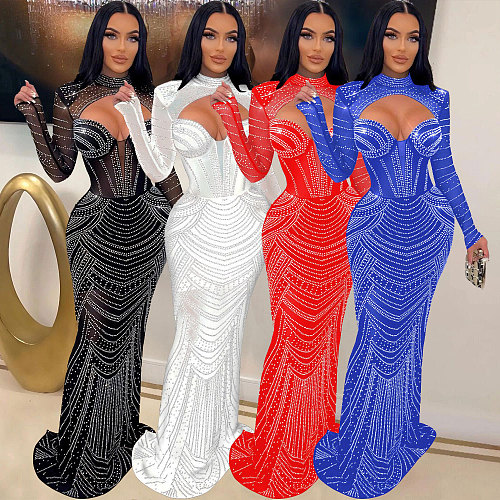 Sexy Hollow Out Hot Drilling Transparent Slim Floor-length Long Dress NY-2620