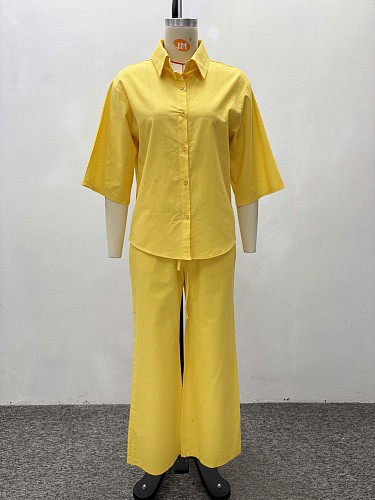 Yellow Lapel Cardigan Shirt Trousers Trendy Two-piece African QZ-7664