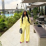 Casual Solid Yellow Pleated Bow Top And Straight Leg Pants Two Pieces QZ-7169