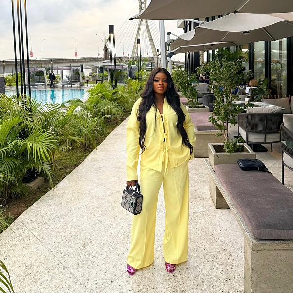 Casual Solid Yellow Pleated Bow Top And Straight Leg Pants Two Pieces QZ-7169