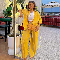 Yellow Lapel Cardigan Shirt Trousers Trendy Two-piece African QZ-7664