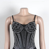 Sexy Rhinestone Embellished Strappy Waist-Cinching Elastic Bodycon Long Dress NY-3188
