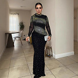 Sexy Rhinestone Embellished Backless Stretch Bodycon Sheer Dress NY-3352