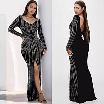 Sexy Rhinestone Embellished Backless Front Slit Elastic Long Bodycon Dress NY-3179