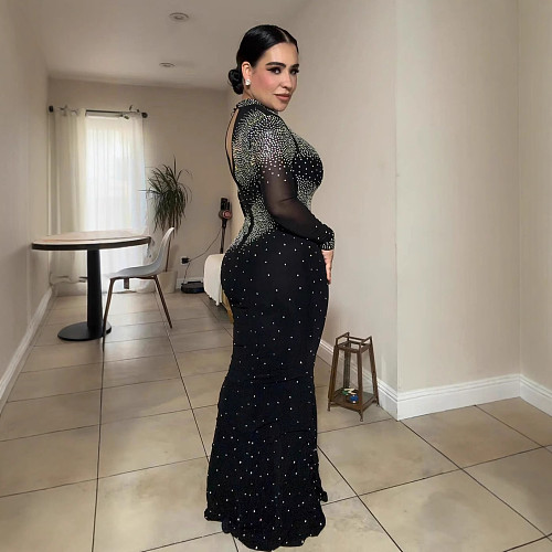 Sexy Rhinestone Embellished Backless Stretch Bodycon Sheer Dress NY-3352