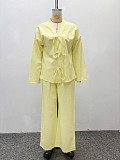 Casual Solid Yellow Pleated Bow Top And Straight Leg Pants Two Pieces QZ-7169