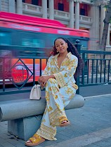 Long Sleeve Lapel Printed Shirt Wide-leg Trousers African Two-piece Set QZ-6895