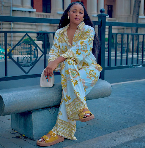 Long Sleeve Lapel Printed Shirt Wide-leg Trousers African Two-piece Set QZ-6895