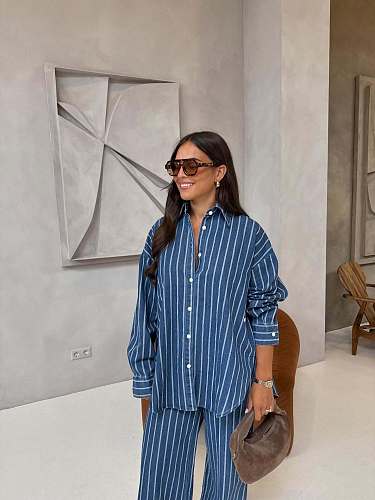 Casual Lapel Cardigan Striped Shirt For Women African Lady Two Pieces QZ-7335