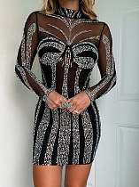 Sexy Mesh Rhinestone Embellished Waist-Hugging Bodycon Dress NY-3192