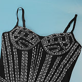 Sexy Rhinestone Embellished Strappy Waist-Cinching Elastic Bodycon Long Dress NY-3188