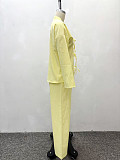 Casual Solid Yellow Pleated Bow Top And Straight Leg Pants Two Pieces QZ-7169