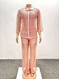 Lapel Knitted Cardigan And Wide-leg Trousers Two Pieces QZ-3777