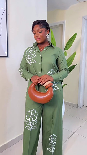 Stylish Vintage French Embroidered Shirt and Trousers Set QZ-7654