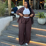 Casual High-waisted Striped Long-sleeved Cardigan Shirt and Trousers Two-piece Set QZ-6078