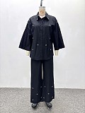 New Style Studded Collar Cardigan Long-sleeved Top and Trousers Two-piece Set QZ-7210