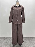 Casual High-waisted Striped Long-sleeved Cardigan Shirt and Trousers Two-piece Set QZ-6078