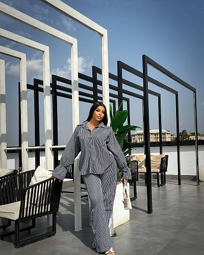 Stylish Striped Button-down Shirt With Flared Sleeves and Wide-leg Pants Set QZ-6319
