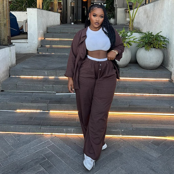 Casual High-waisted Striped Long-sleeved Cardigan Shirt and Trousers Two-piece Set QZ-6078