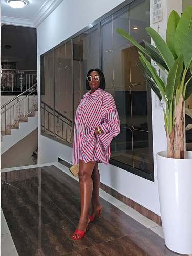 Stylish and Casual Vertical Striped Long-sleeved Shirt and Shorts Set QZ-7337