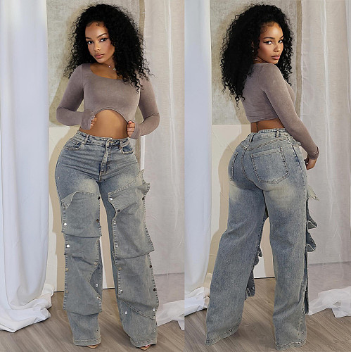 2026 Autumn Streetwear Button High-waisted Jeans Pants AK-41005