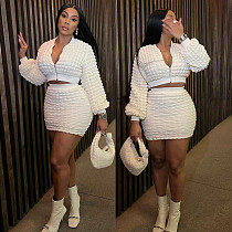 Casual Slimming Bubble Sleeve Zipper Top Suit Hip Skirt Set AK-30810