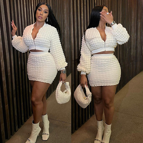 Casual Slimming Bubble Sleeve Zipper Top Suit Hip Skirt Set AK-30810