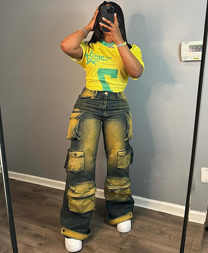Trendy and Stylish Multi-pocket Tie-dye High-waisted Straight-leg Denim Work Pants AK-40802