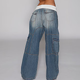 2026 Fashion Patchwork Ribbed Elastic Waistband Loose Straight-Leg Washed Denim Jeans LSD-2549