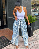 Stylish and Unique Straight-leg Denim Jeans With Wrinkled and Frayed Edges AK-51101
