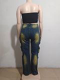 Trendy and Stylish Multi-pocket Tie-dye High-waisted Straight-leg Denim Work Pants AK-40802