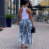 Stylish and Unique Straight-leg Denim Jeans With Wrinkled and Frayed Edges AK-51101