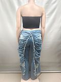 Stylish and Unique Straight-leg Denim Jeans With Wrinkled and Frayed Edges AK-51101