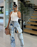 Fashionable Loose-fitting Multi-pocket Patchwork Washed Straight-leg Denim Jeans RS-2475