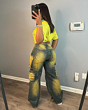 Trendy and Stylish Multi-pocket Tie-dye High-waisted Straight-leg Denim Work Pants AK-40802