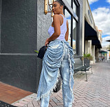 Stylish and Unique Straight-leg Denim Jeans With Wrinkled and Frayed Edges AK-51101