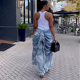 Stylish and Unique Straight-leg Denim Jeans With Wrinkled and Frayed Edges AK-51101