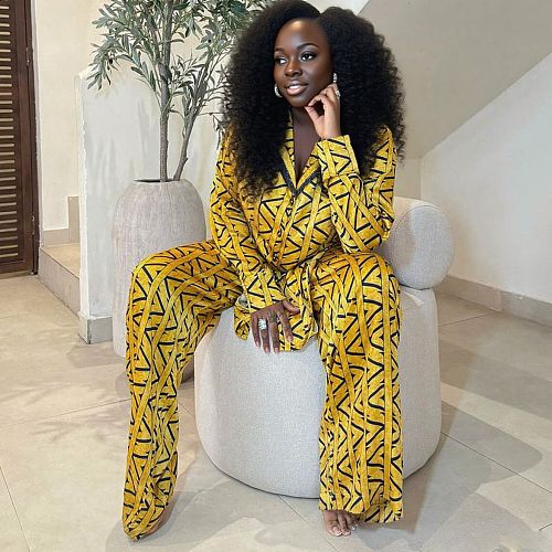 Casual Loose-fitting Long-sleeved Printed Shirt and Wide-leg Pants Two-piece Set QZ-6923