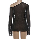 2025 Sparkling See-Through Sexy Slanted Collar Long-Sleeved Bodycon Dress DLS-88744