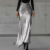 Fashionable and Elegant Long-Sleeved Patchwork Pleated Dress With A Fitted Waist SXE-87724