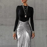 Fashionable and Elegant Long-Sleeved Patchwork Pleated Dress With A Fitted Waist SXE-87724