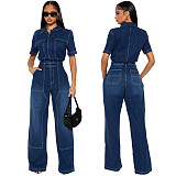 Stylish Ffitted and Stretchy Washed Denim Wide-leg Flared Jumpsuit JLX-8605