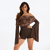 2025 Sexy Leopard Print Ruched Off-the-Shoulder Neckline Jumpsuit With Flared Sleeves XYWL-25RP468