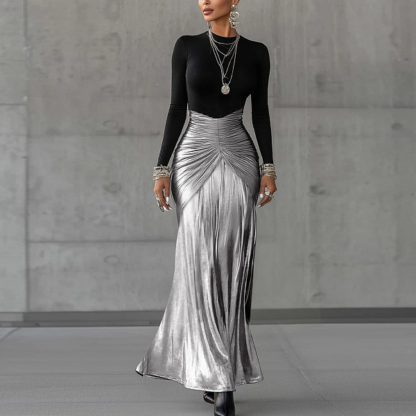 Fashionable and Elegant Long-Sleeved Patchwork Pleated Dress With A Fitted Waist SXE-87724