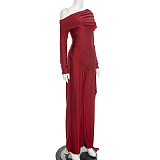 Fashionable Off-Shoulder Cross-Front Ruched Jumpsuit with Flowing Ribbons and Loose Straight Legs XYWL-25JP441