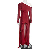 Fashionable Off-Shoulder Cross-Front Ruched Jumpsuit with Flowing Ribbons and Loose Straight Legs XYWL-25JP441