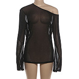 2025 Sparkling See-Through Sexy Slanted Collar Long-Sleeved Bodycon Dress DLS-88744