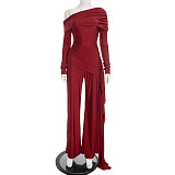 Fashionable Off-Shoulder Cross-Front Ruched Jumpsuit with Flowing Ribbons and Loose Straight Legs XYWL-25JP441